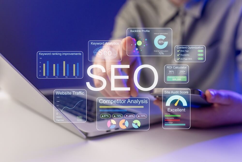 roofing SEO guide and keyword performance on a laptop